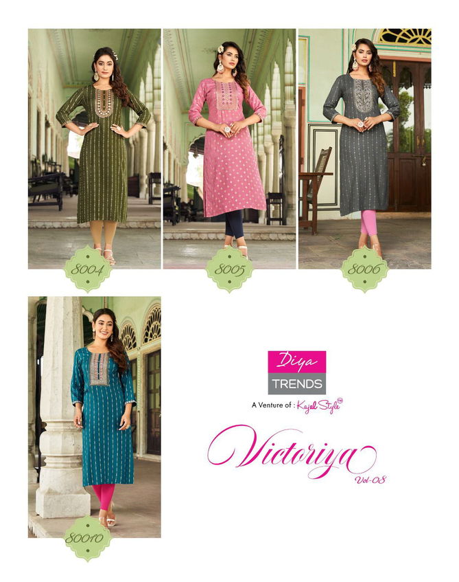 Victoria Vol 8 By Diya Rayon Foil Printed Kurtis Catalog